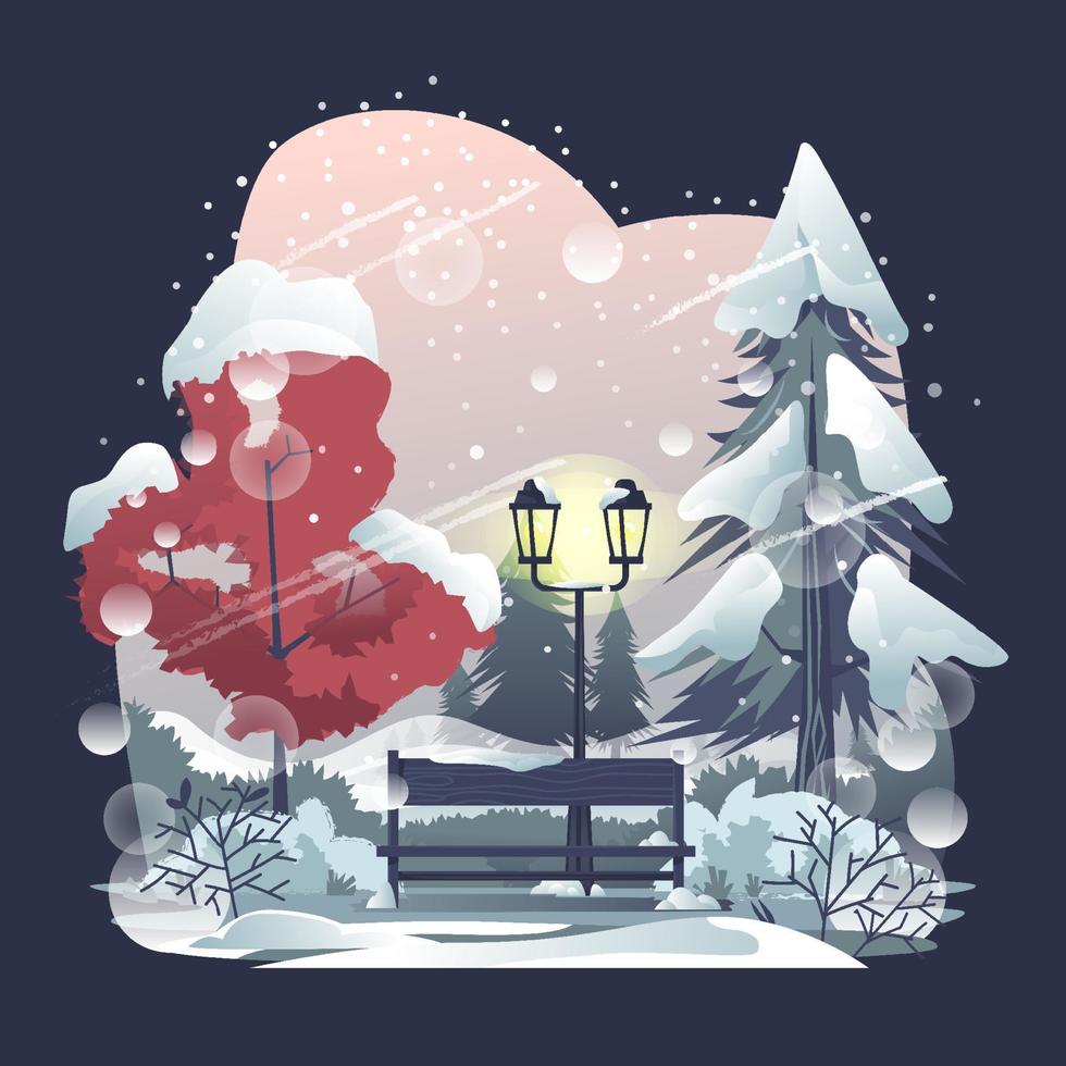 A Bench and Lamp in Winter Park Illustration vector