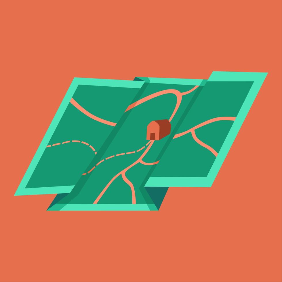 ilustración de mapa de dirección de casa doblada en color verde y rojo para elementos, lindo diseño de vector plano de viaje para empresa