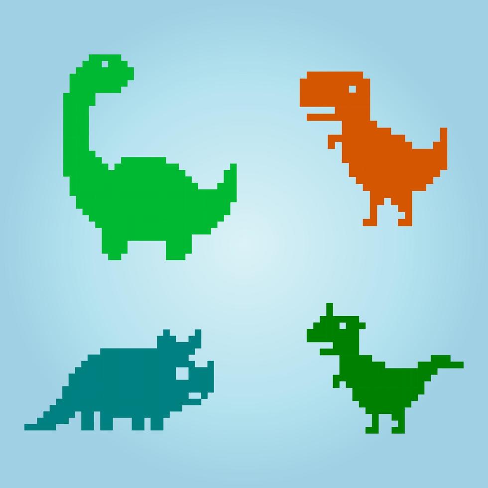 8 bit pixel t-rex dinosaurs. Animals in vector illustrations for Cross Stitch patterns.