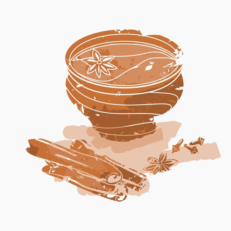 Editable Isolated Brush Strokes Style Indian Masala Chai in Pottery Cup With Assorted Herb Spices Vector Illustration for Artwork Element of Beverages With South Asian Culture and Tradition Design