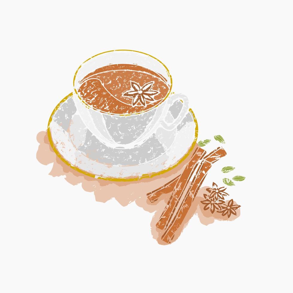 Editable Three-Quarter Top View Masala Chai with Star Anise Topping and Other Herb Spices Vector Illustration in Brush Strokes for Artwork Element of Beverages With South Asian Culture and Tradition