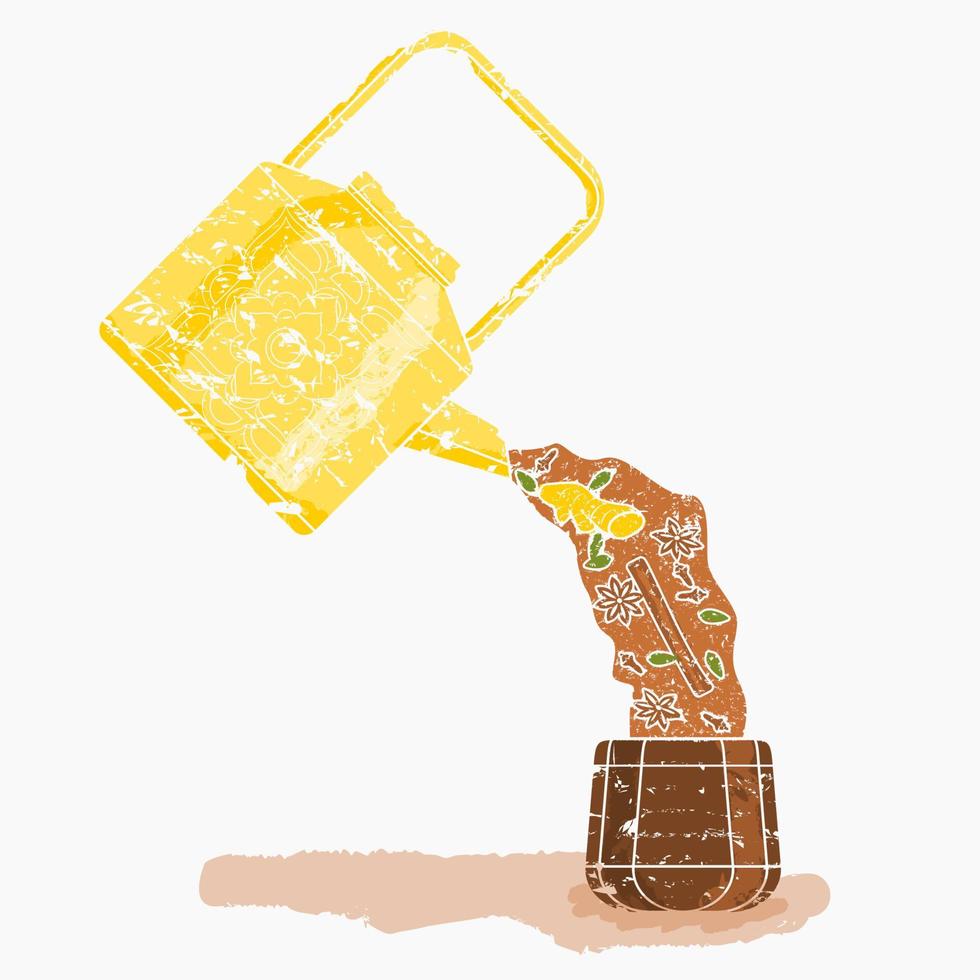 Editable Side View Brush Strokes Pouring Masala Chai and Ingredients from Patterned Metal Kettle into Cup Vector Illustration for Artwork Element of Beverages With South Asian Culture and Tradition