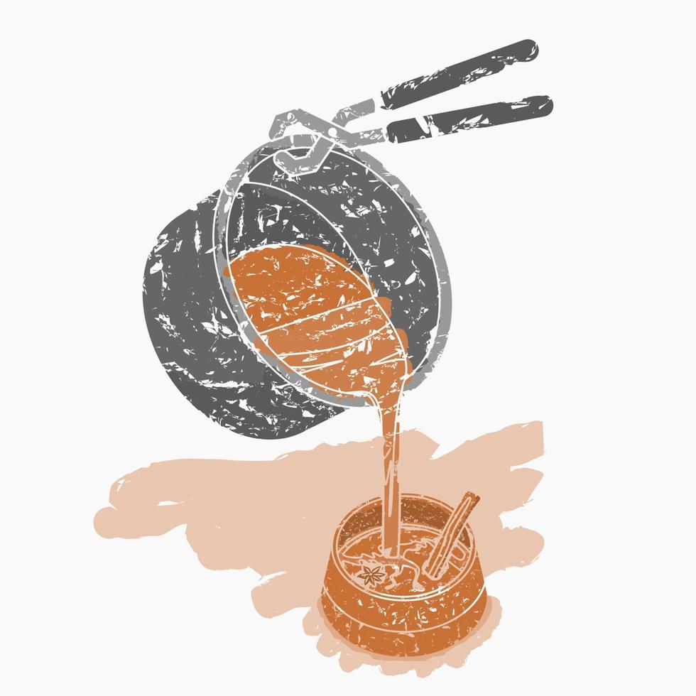 Editable Three-Quarter Top View Pouring Masala Chai from Pan into Pottery Cup Vector Illustration in Brush Strokes Style for Artwork Element of Beverages With South Asian Culture and Tradition Design