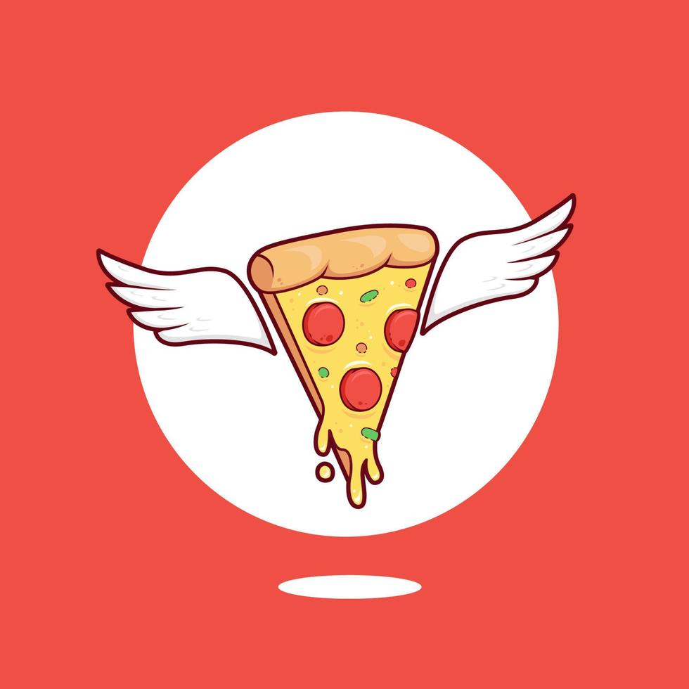 melting mozzarella cheese pizza slice with wing illustration logo icon. slice of pizza wing illustration vector