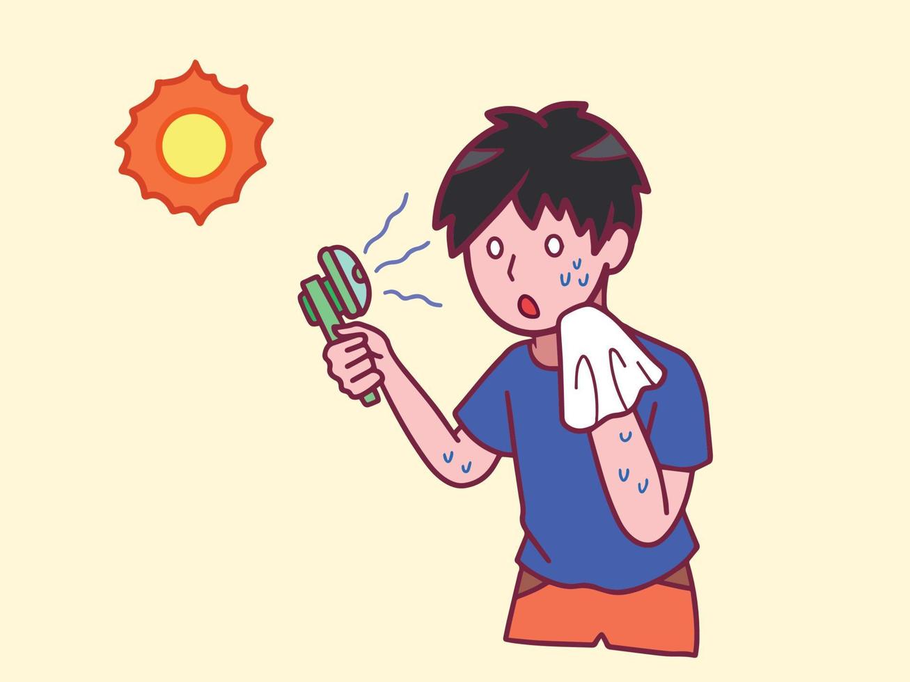 Teen boy with blue shirt feeling hot and sweating outside with burning sun holding fabric and portable fan vector