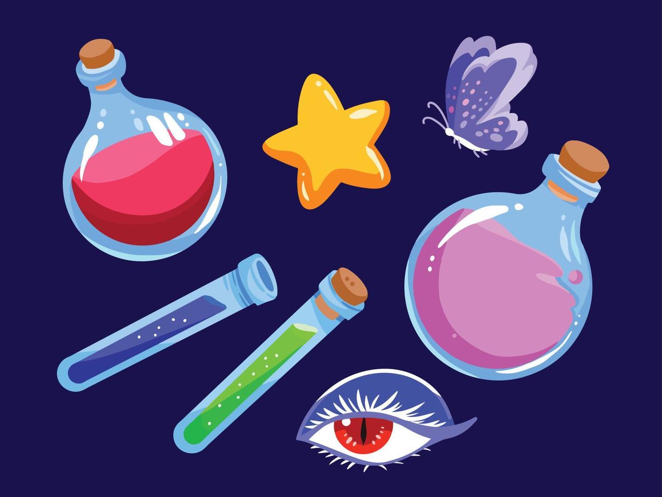 Magic, potion, and witch craft fantasy themed vector illustration set. Potion bottles, star, eye, and butterfly drawing with cartoon flat art style and color.
