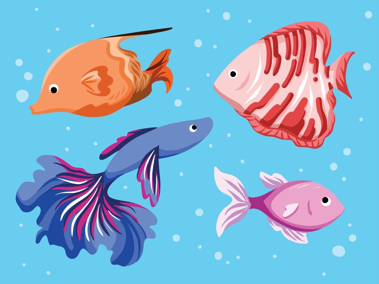 Colorful decorative fish in various color and shapes. Vector illustration set collection of water animal with cartoon flat art style colors drawing