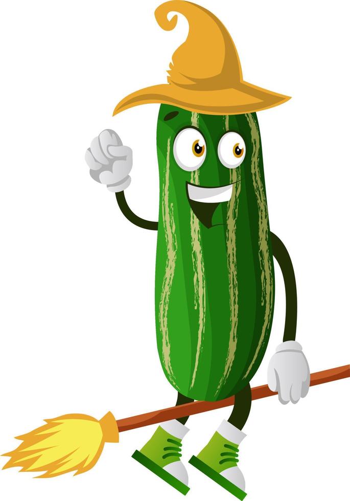 Cucumber flying on a broom, illustration, vector on white background.