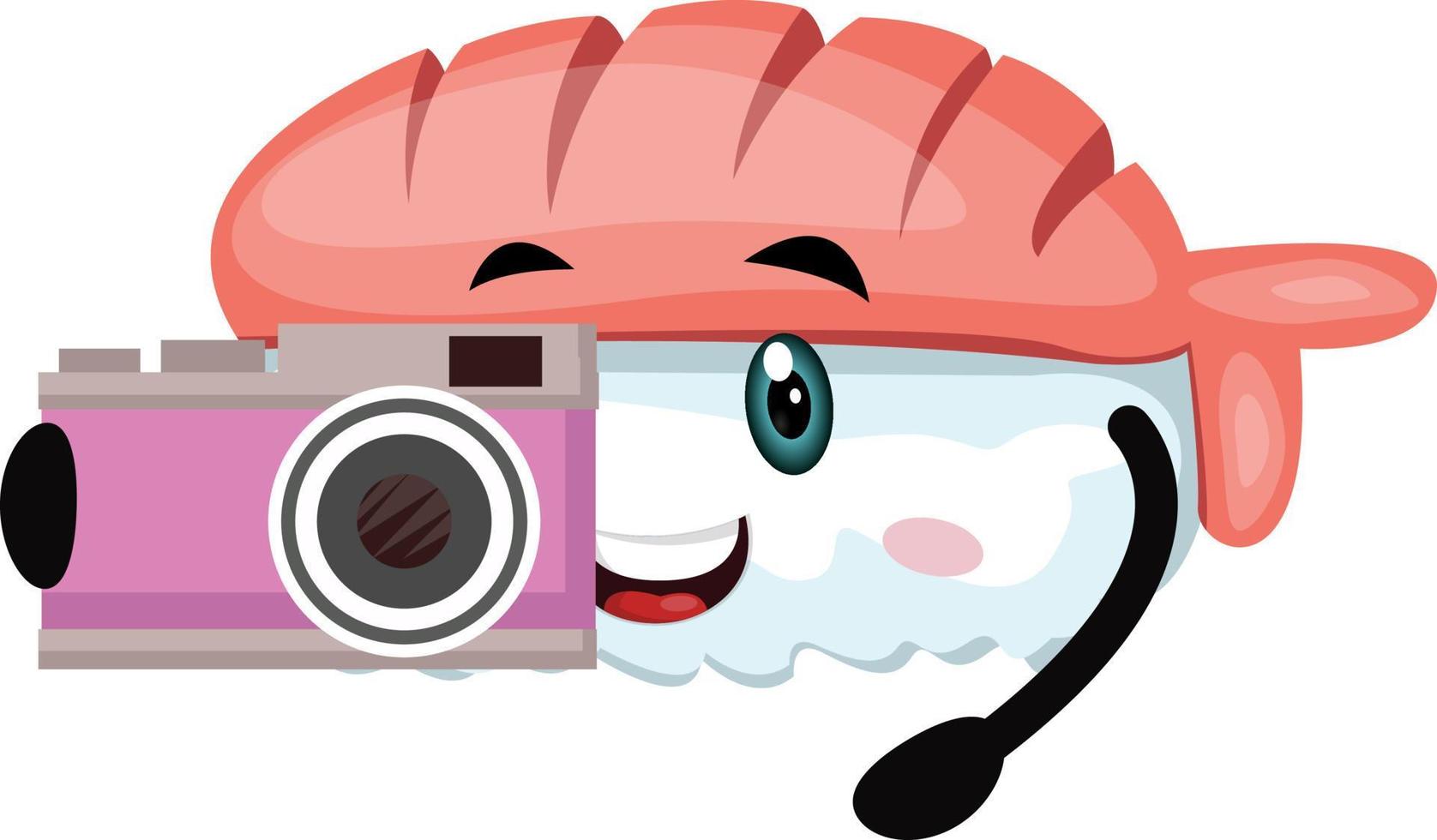 Sushi with camera, illustration, vector on white background.