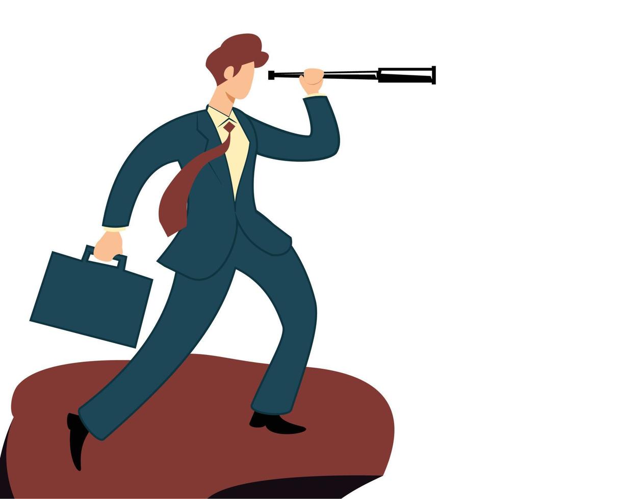 businessman looking using a telescope on a cliff. flat design vector