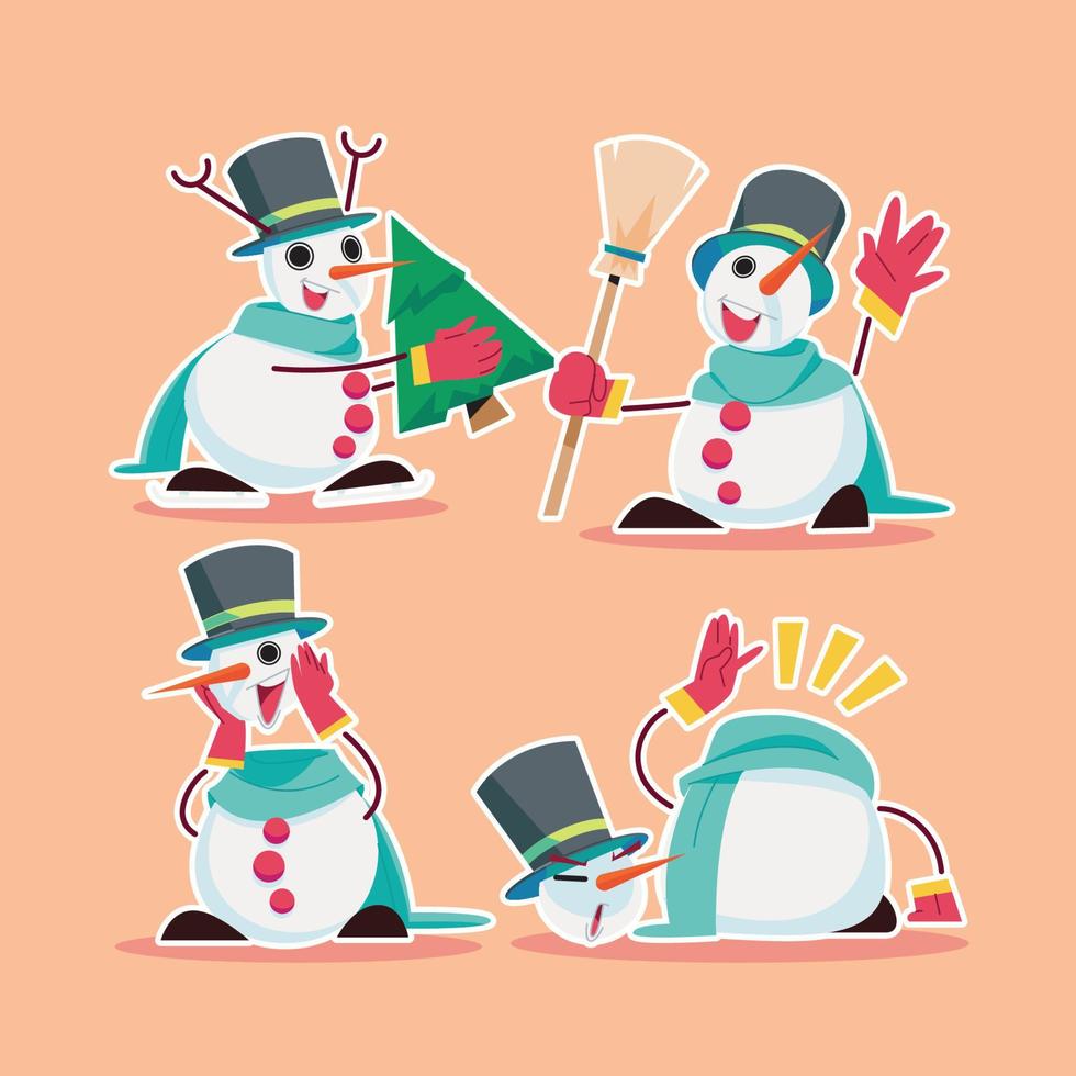 el muñeco de nieve se está divirtiendo en la víspera de navidad en diseño plano vector