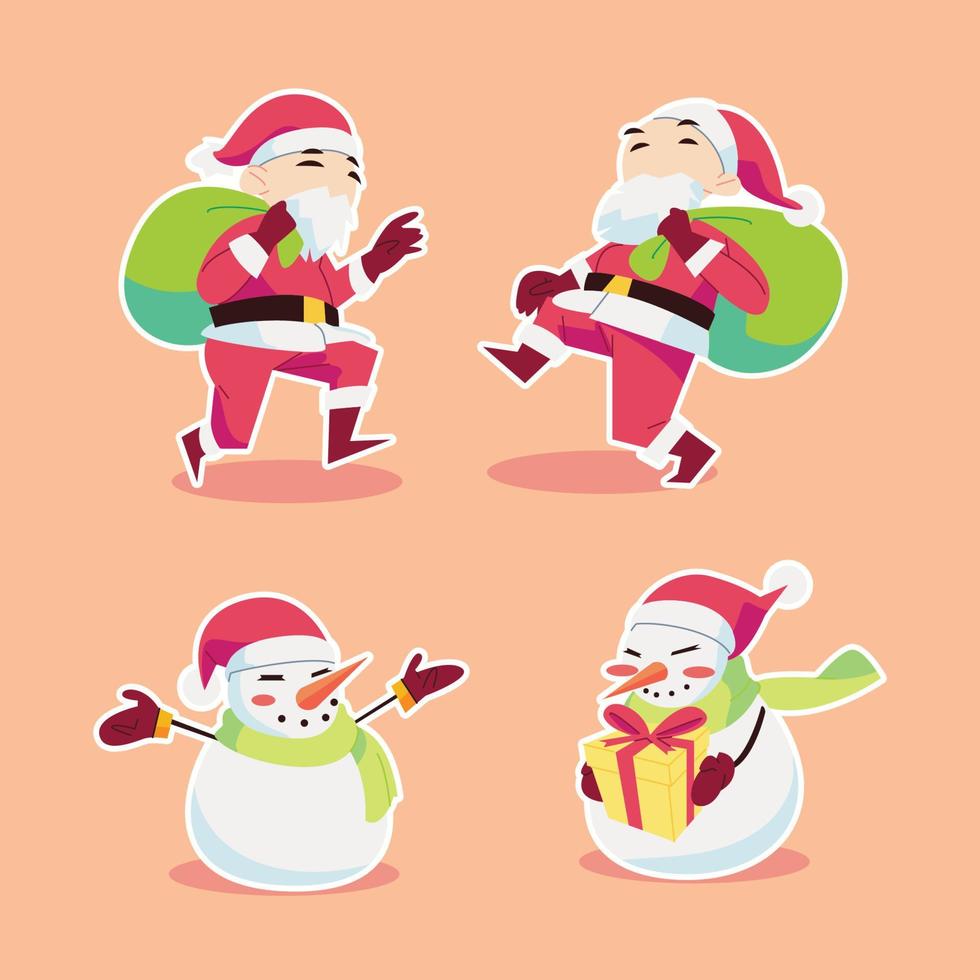 santa claus distribuyendo regalos con muñeco de nieve en estilo de diseño plano vector