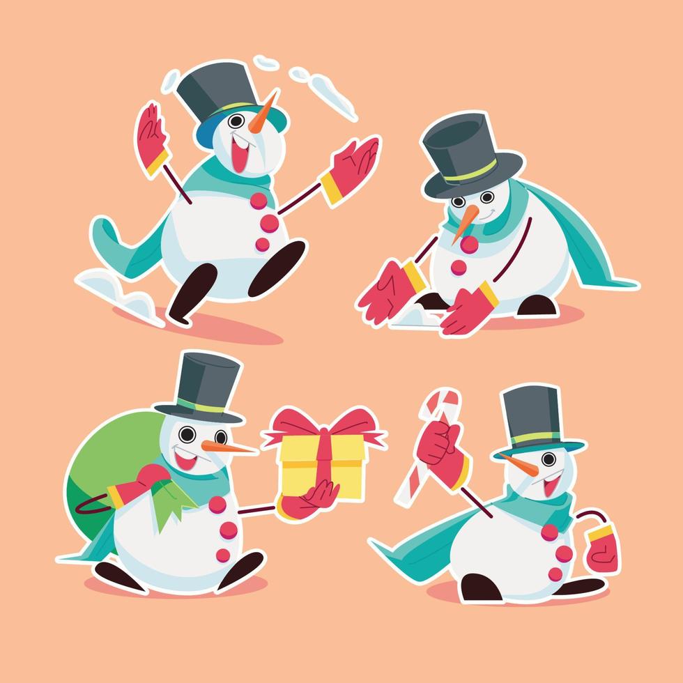 muñeco de nieve distribuyendo regalos en diseño plano vector