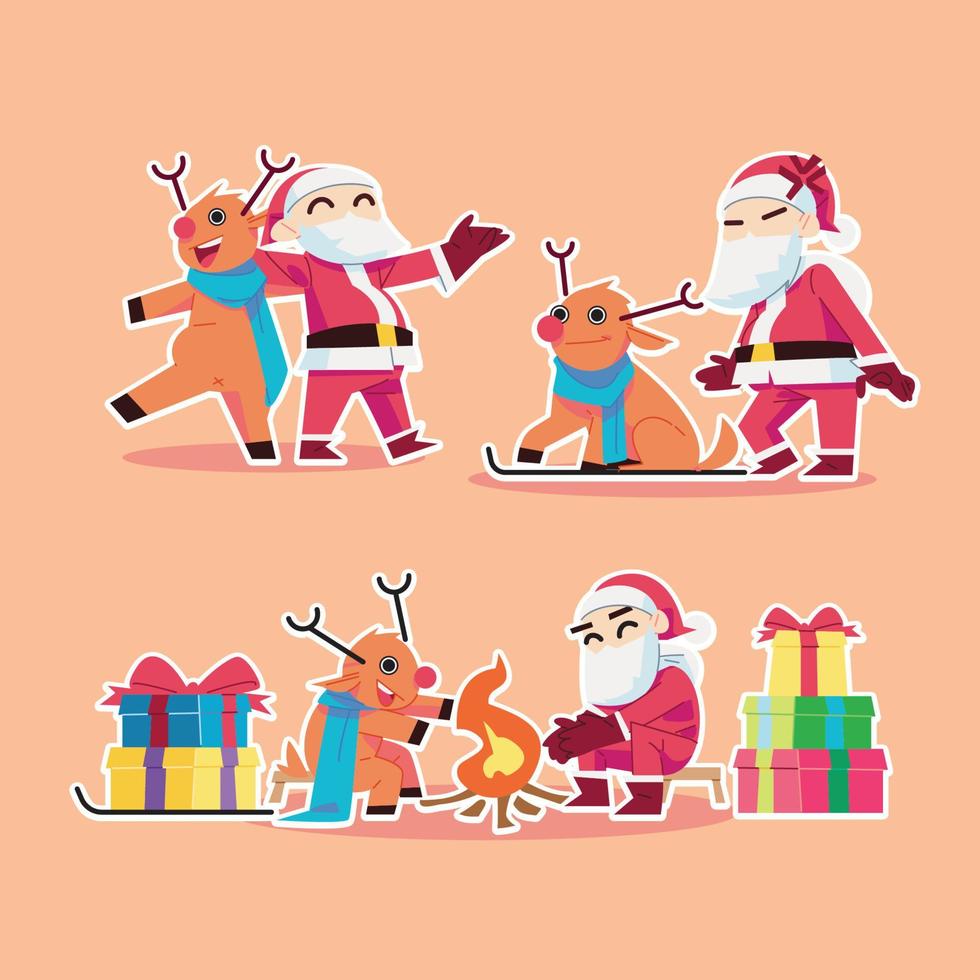 Santa Clause and his Deer are distributing gifts in flat design vector