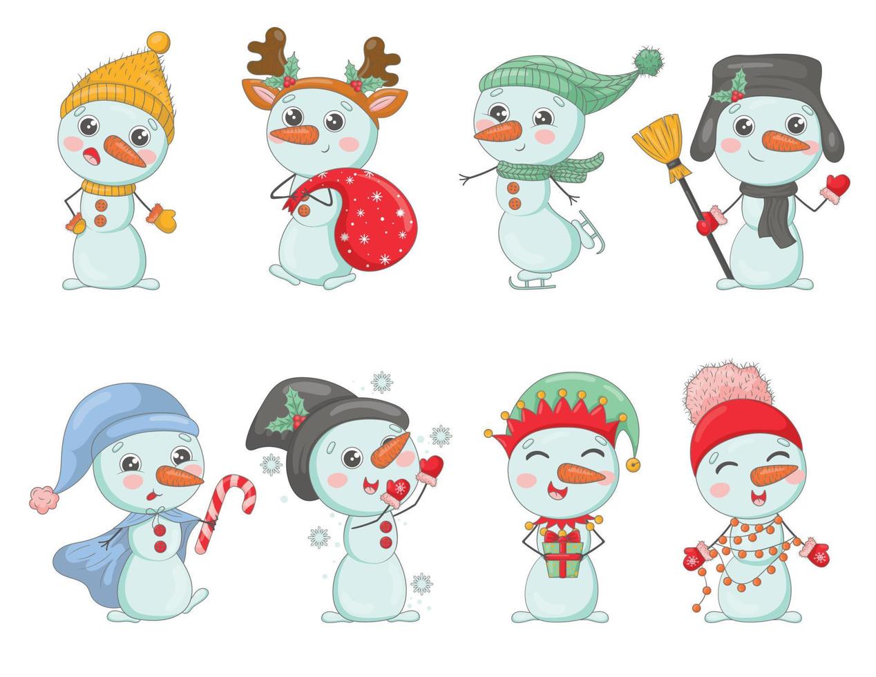 paquete de lindos muñecos de nieve de dibujos animados con sombreros de  punto y bufandas con regalos de navidad, copos de nieve, acebo, vestidos  como personajes de año nuevo 13736315 Vector en