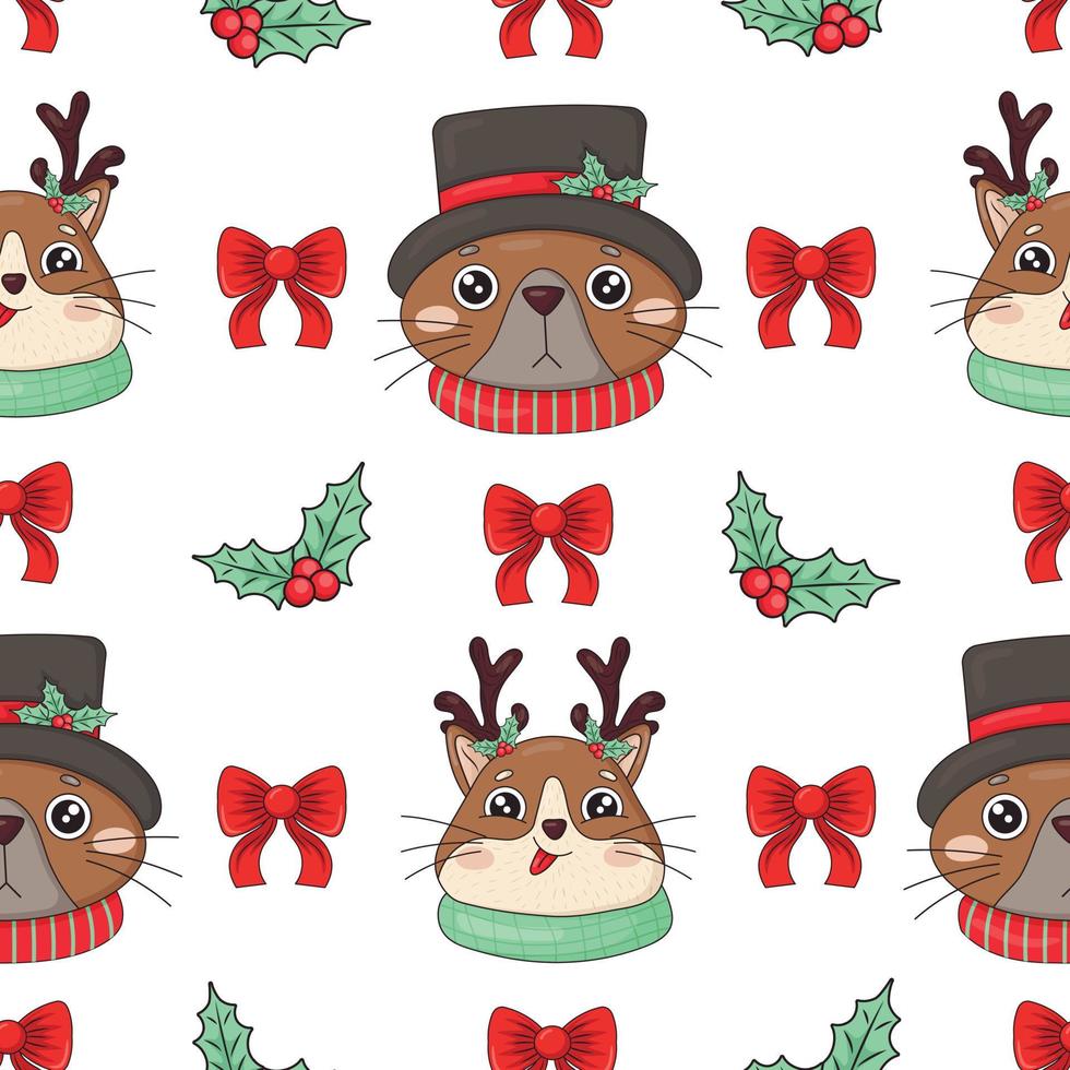 Seamless pattern with heads of Christmas funny cute cats in top hats, deer antlers, bows and holly vector