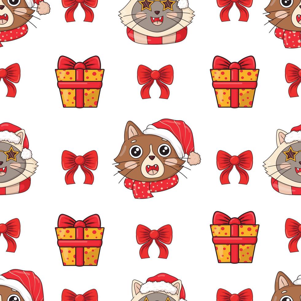 Seamless pattern with heads of Christmas cheerful cute cats in santa hats, star glasses, bows and New Year's gifts vector