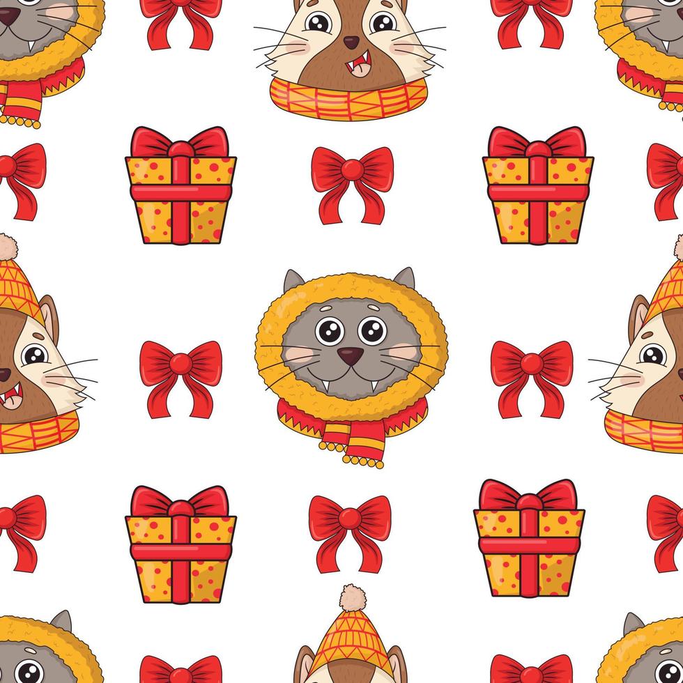 Seamless pattern with heads of Christmas cheerful cute cats in orange-red knitted hats and scarves, bows and New Year's gifts vector