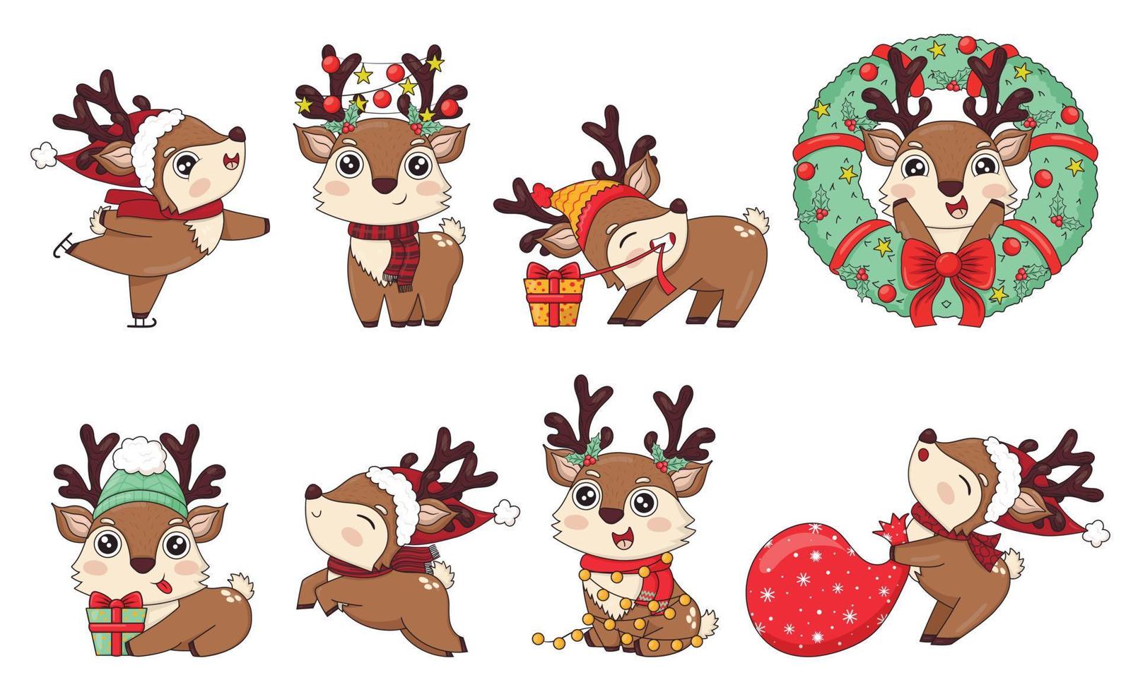 Collection of cute new year deer in different poses with holly, santa hat, xmas wreath and gifts in doodle cartoon style vector