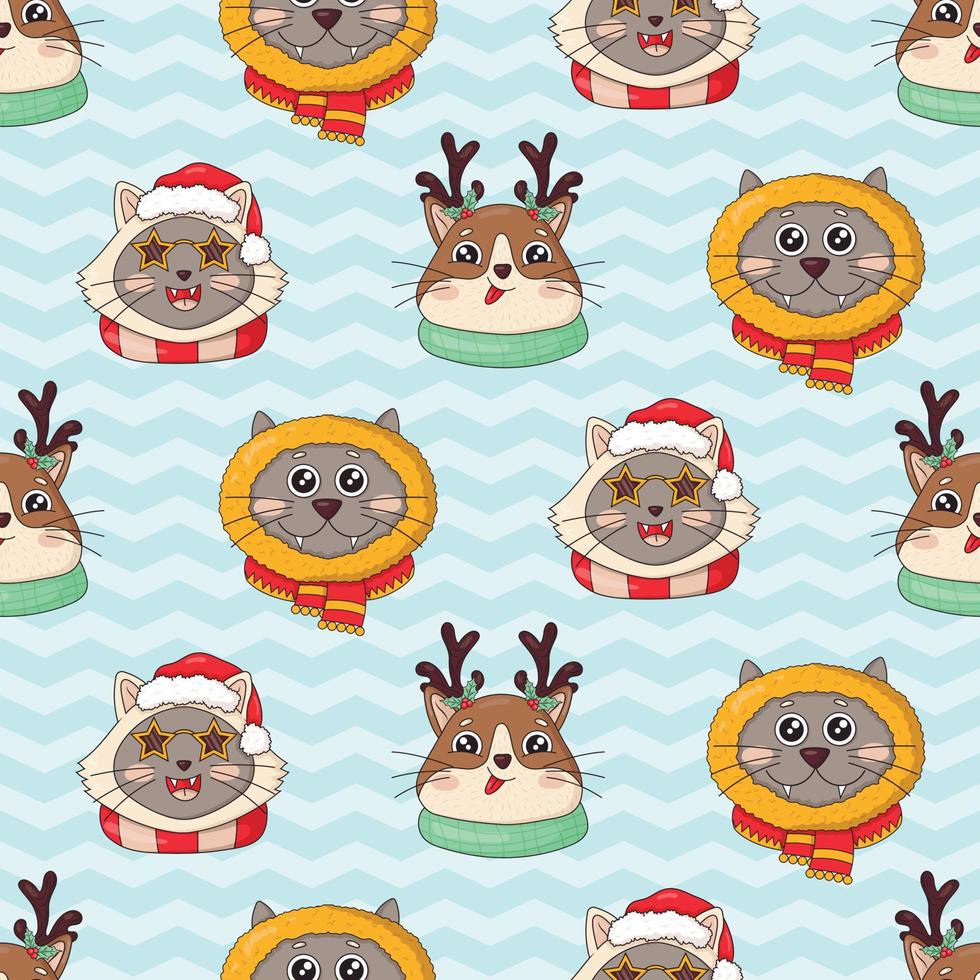 Seamless pattern with heads of Christmas cats, merry Christmas illustrations of cute cats with accessories such as knitted hats, scarves, antlers on a blue background with a zigzag vector