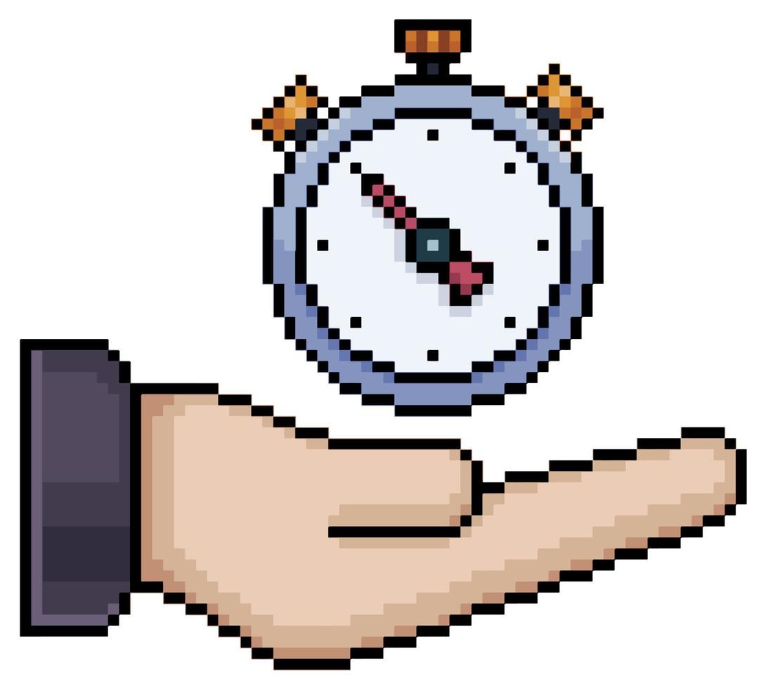 Pixel art hand holding stopwatch vector icon for 8bit game on white background