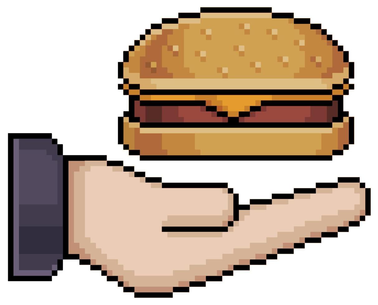 pixel art mano sosteniendo icono de vector de hamburguesa para juego de 8 bits sobre fondo blanco