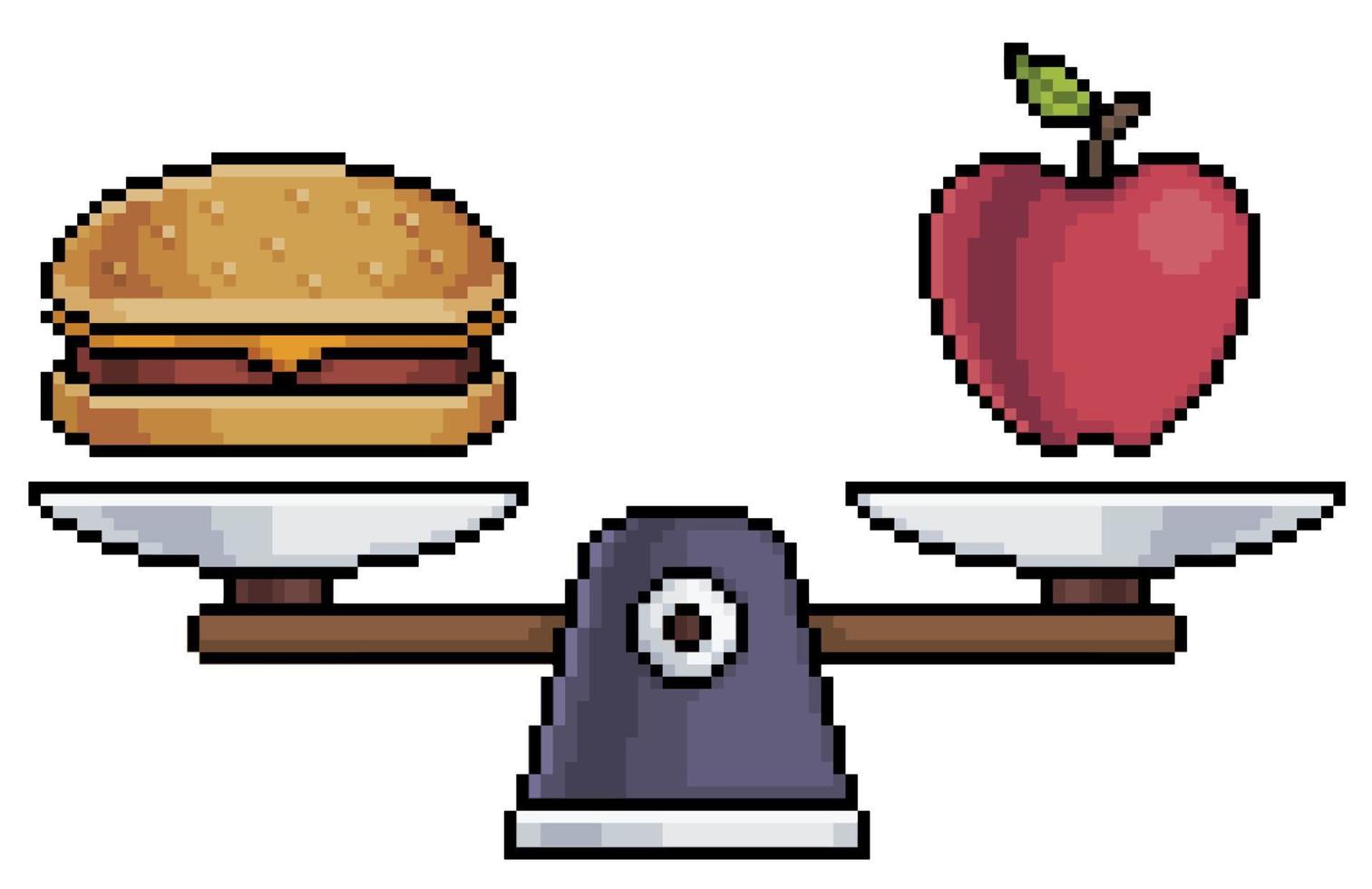 Pixel art scales with hamburger and apple vector icon for 8bit game on white background
