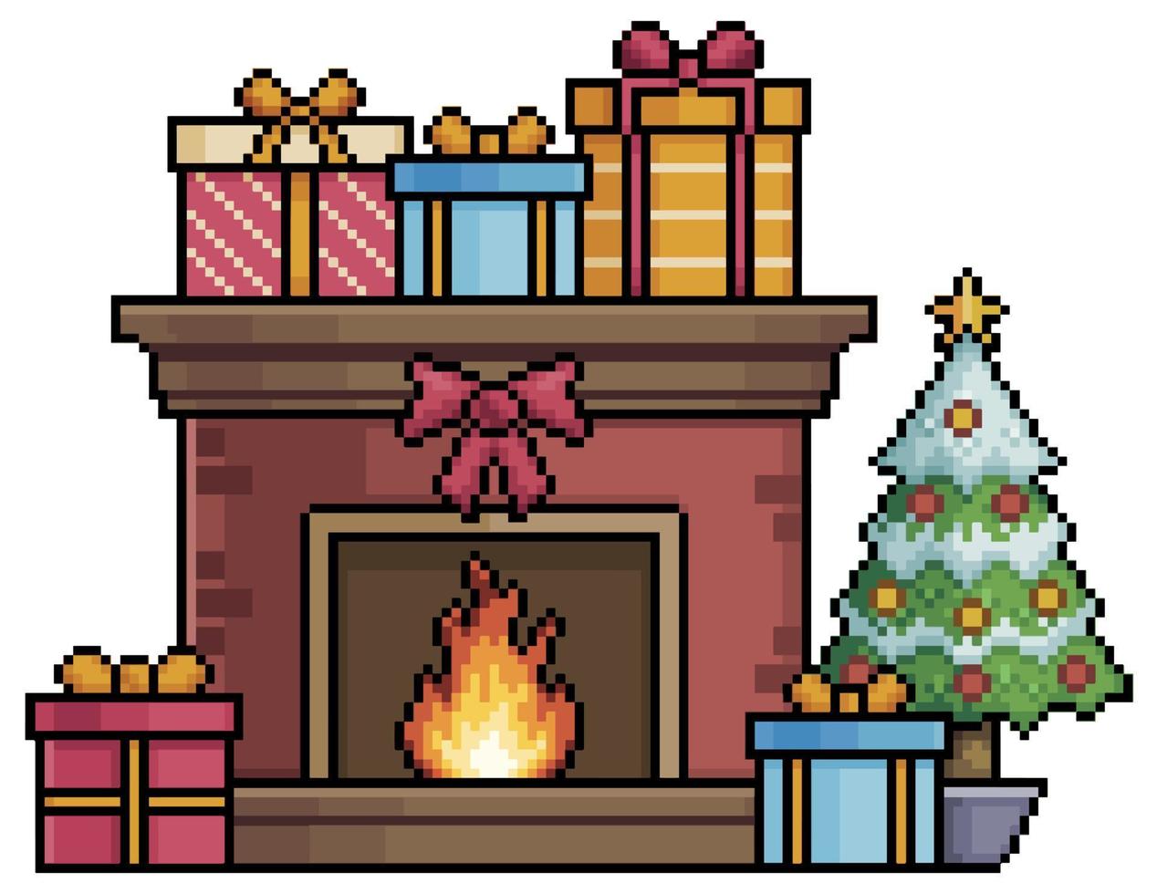 Chimenea de arte de píxeles con árbol de Navidad y regalos icono vectorial para juego de 8 bits sobre fondo blanco. vector