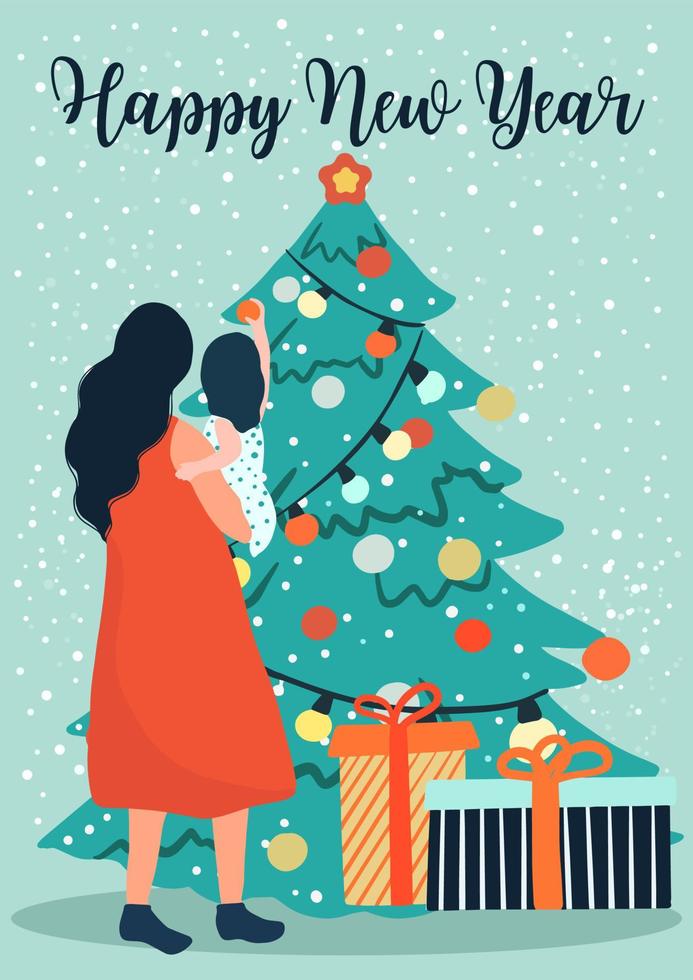 mamá y su bebé decoran el árbol de navidad. feliz año nuevo tarjeta de felicitación, plantilla de vector. cartel de navidad de moda vector