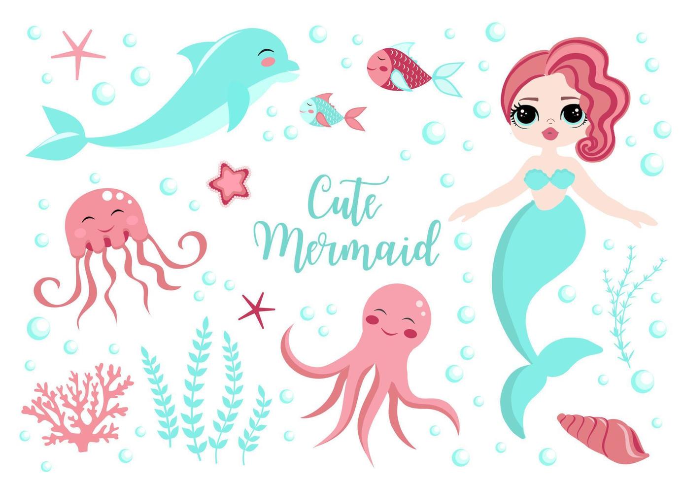 Cute set little mermaid princess and dolphin, octopus, fish, jellyfish, coral. underwater world collection vector