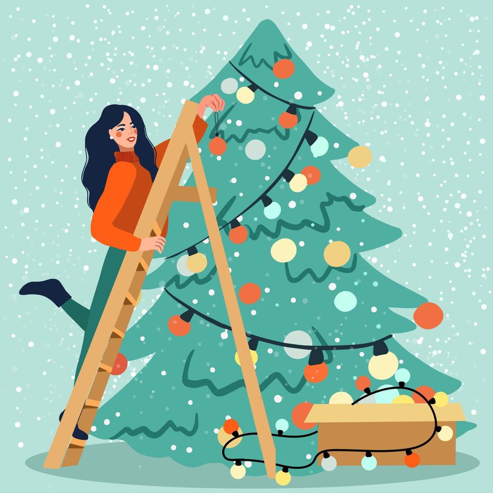 New Year greeting card template, trending retro style. Woman decorating a Christmas tree, vector illustration
