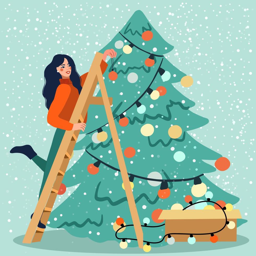 plantilla de tarjeta de felicitación de año nuevo, estilo retro de tendencia. mujer decorando un árbol de navidad, ilustración vectorial vector