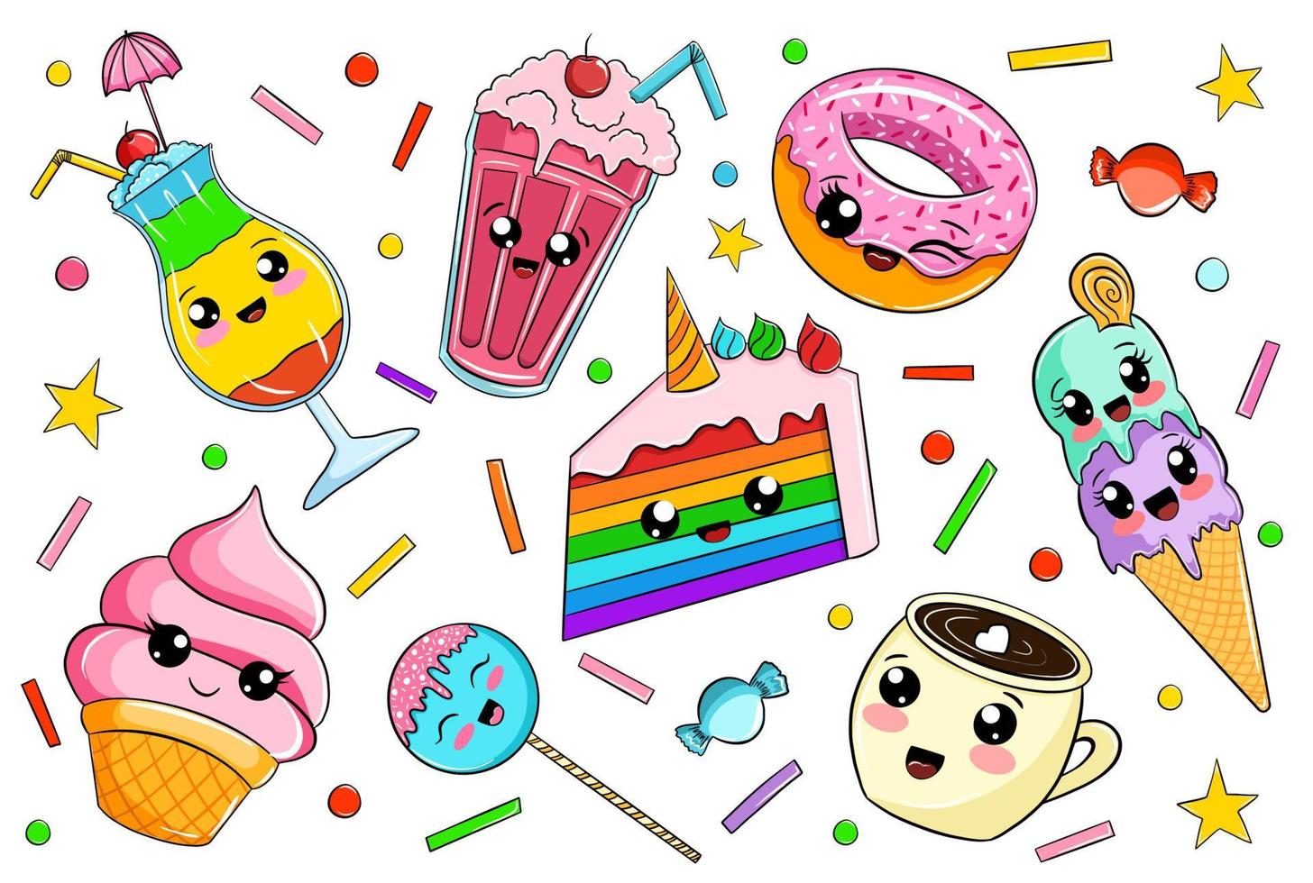 Collection of cute food characters.colorful kawaii sweets, vector isolated on white