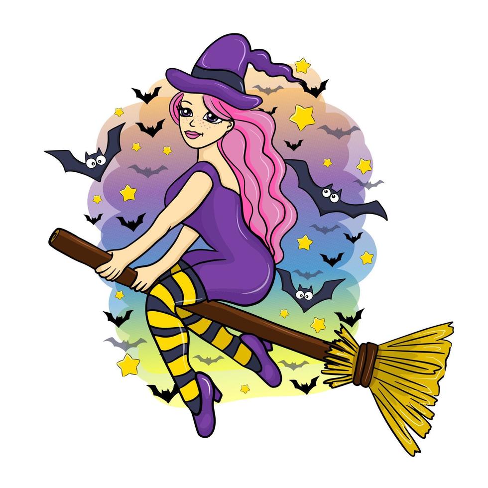 cute witch flying on a broomstick, cartoon halloween character, vector illustration