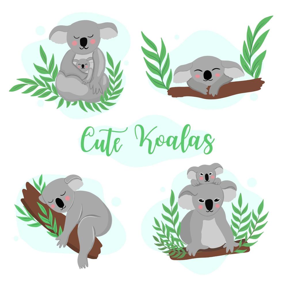 cute set with koalas mom and kids on eucalyptus. vector illustration