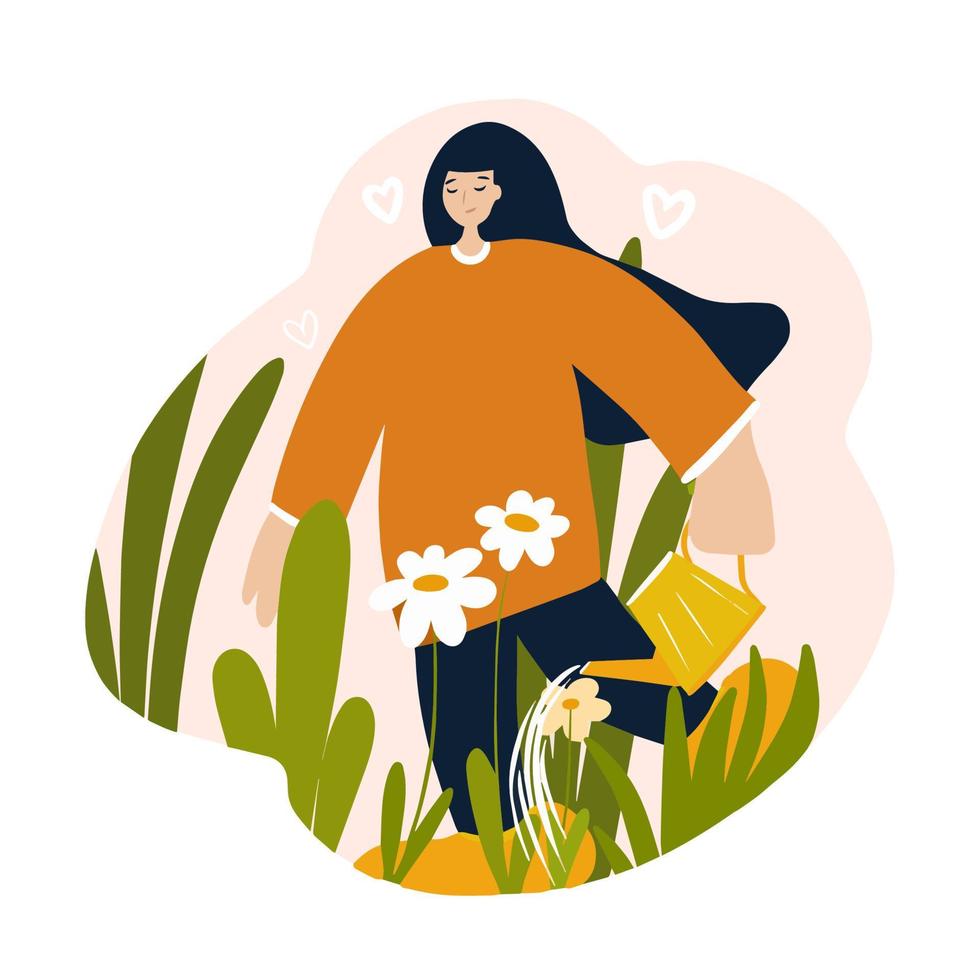 Woman watering plants in the garden, the concept of love for nature, taking care of the planet earth. Flat cartoon vector illustration.