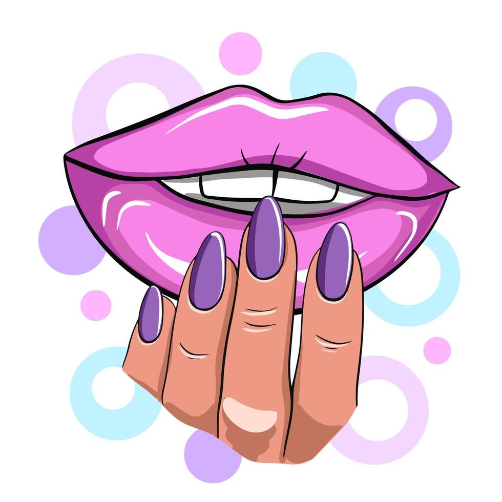 Nails and manicure concept vector illustration. nail polish in female hand and lips