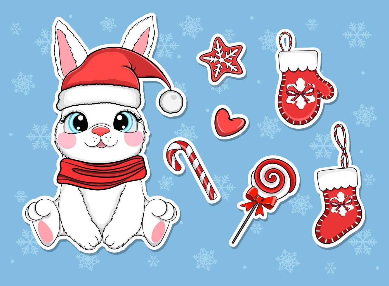 Christmas Stickers With Rabbit Santa Claus, Cute Cartoon vector