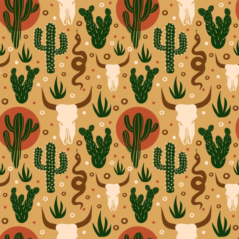 Wild West seamless pattern. Cacti, skull in the desert. Vector illustration