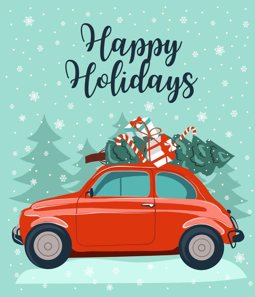 Red retro car with a fir tree. Happy holidays template, vector Christmas card