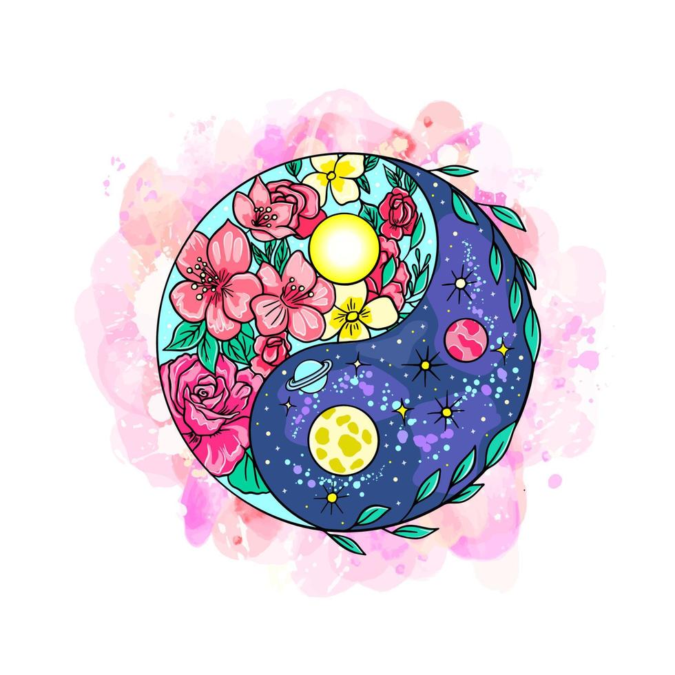 Yin and yang symbol with floral elements and space on watercolor background. Vector illustration