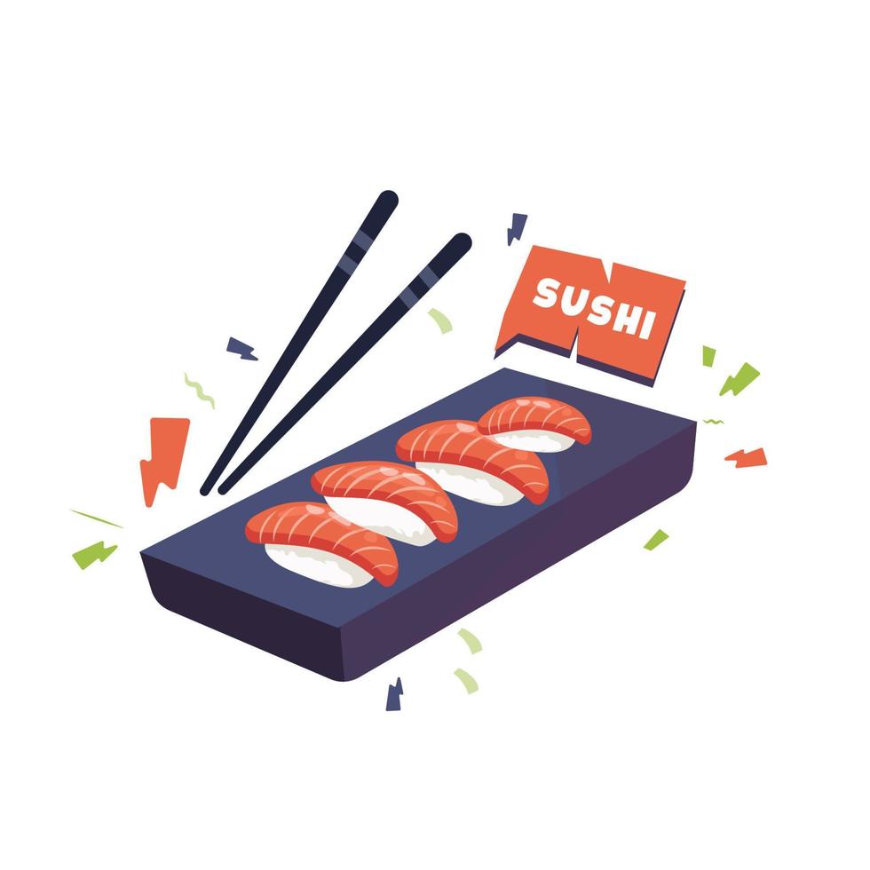 Vector illustration of sushi. asian food sushi on dark wooden board with chopsticks