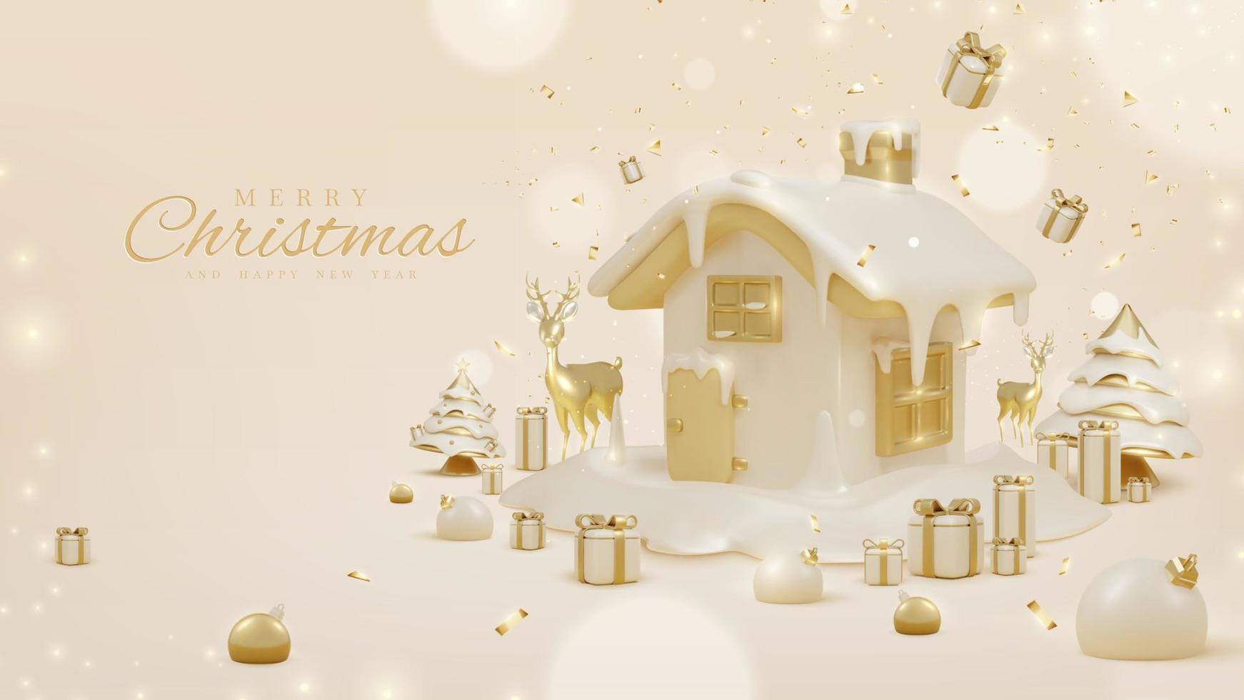 Luxury background with 3d realistic christmas ornaments and sparkling light effect with bokeh decorations. Vector illustration.