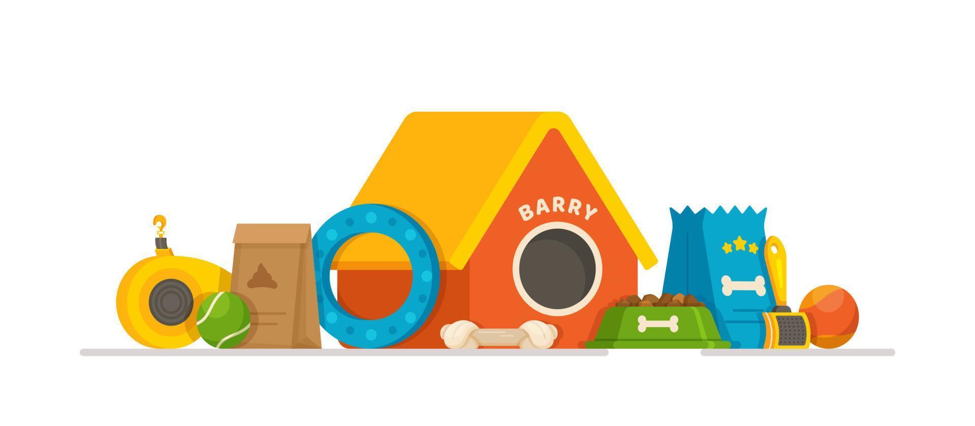 Concept of different pet care products. Vector illustration of dog house. Dog house, bowl, toys and more.