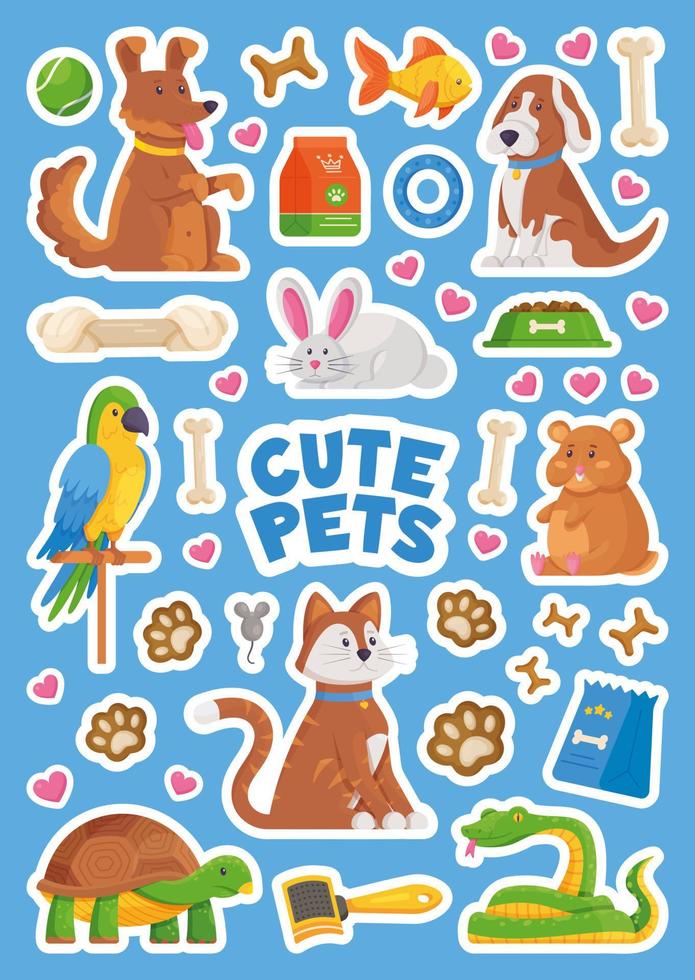 Set of stickers with different animals, bowls and paws. vector