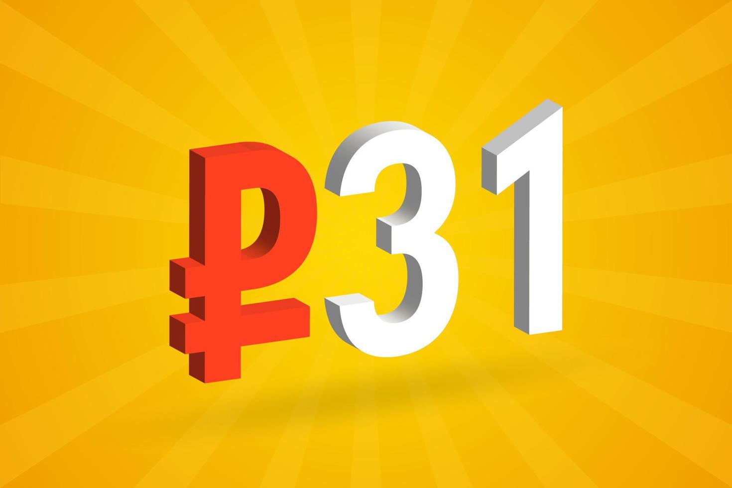 31 Ruble 3D symbol bold text vector image. 3D 31 Russian Ruble currency sign vector illustration