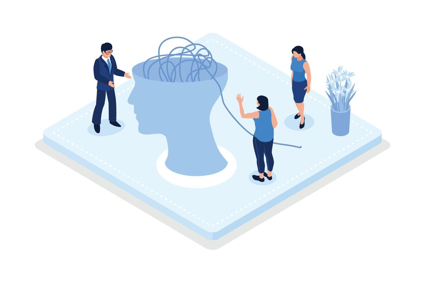 Characters trying to solve mentality problems and fighting against emotional burnout. Psychotherapy concept, isometric vector modern illustration