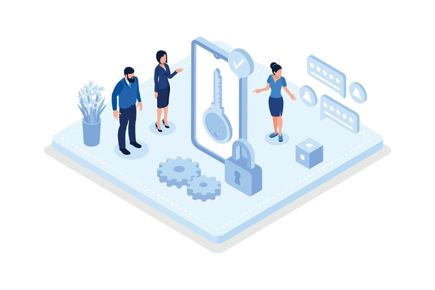 Characters safety paying with credit card online on smartphone, laptop and contactless on terminal. Electronic money security concept, isometric vector modern illustration