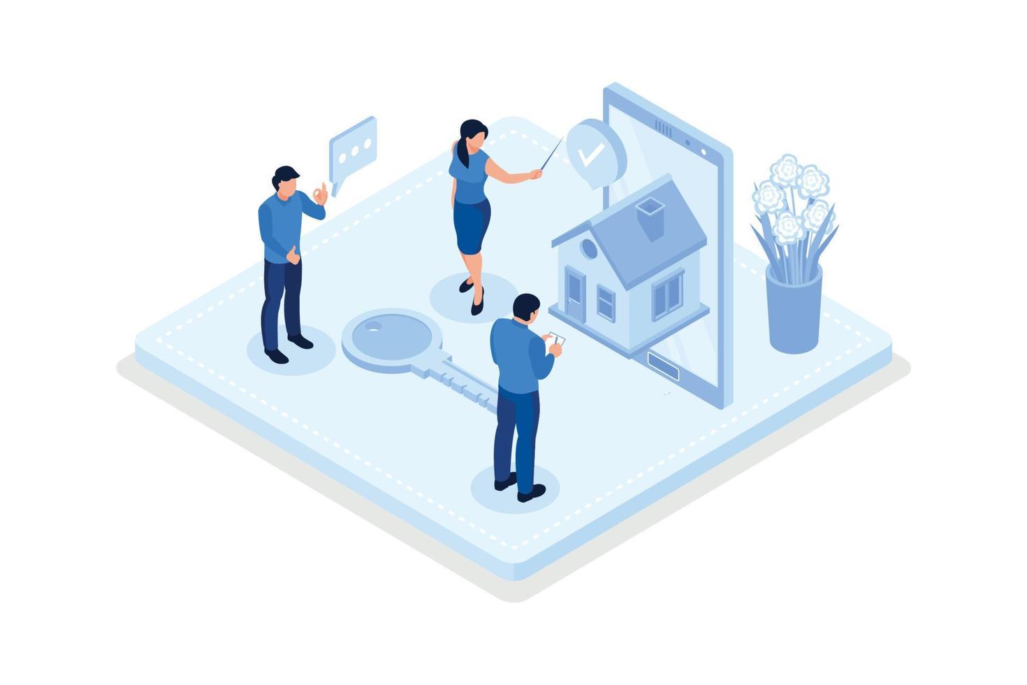 personajes buscando y eligiendo apartamento o casa para alquilar o comprar. concepto de mercado inmobiliario, ilustración moderna de vector isométrico