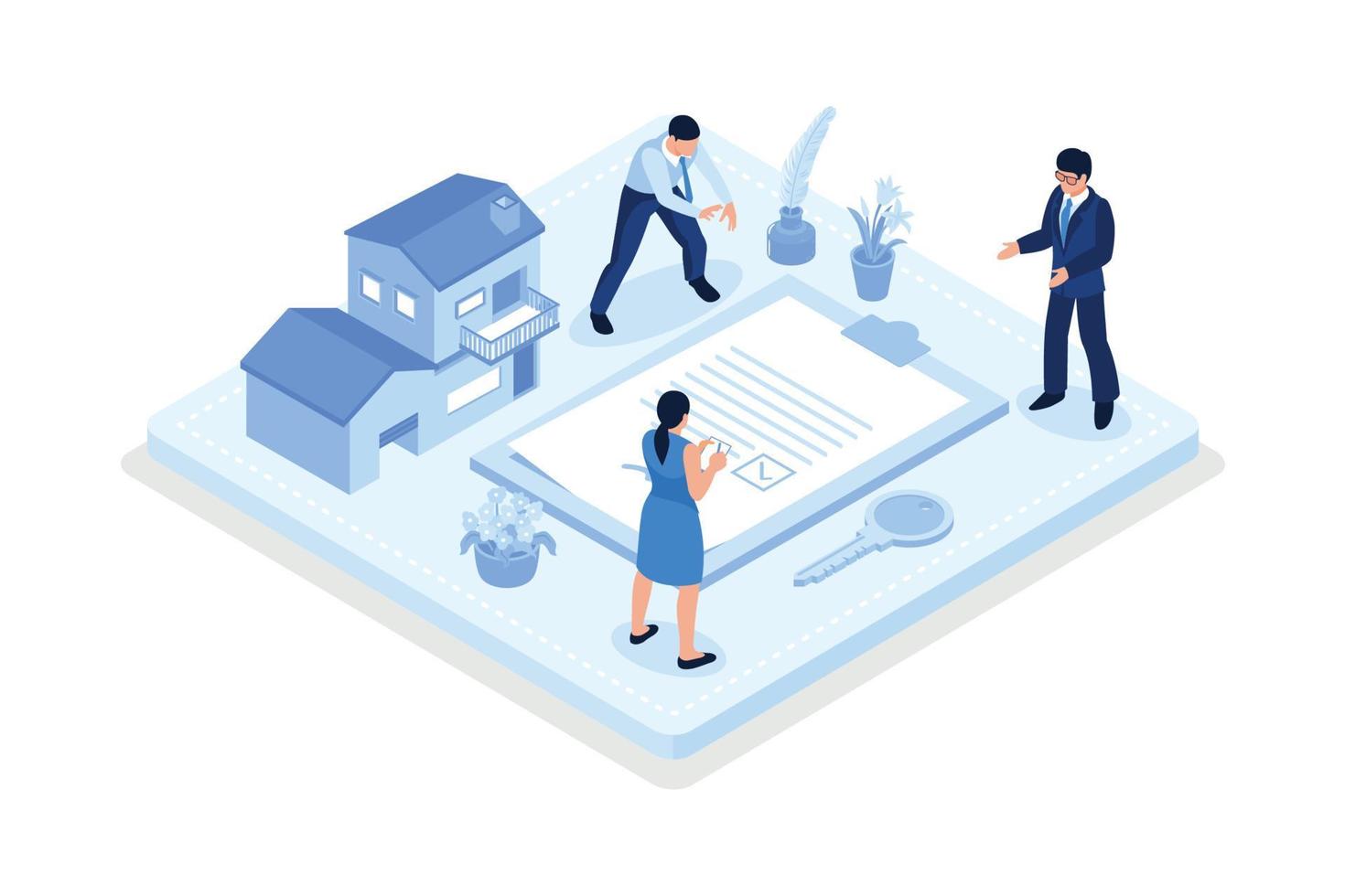 Mortgage process, Characters signing contact and legal documents, isometric vector modern illustration